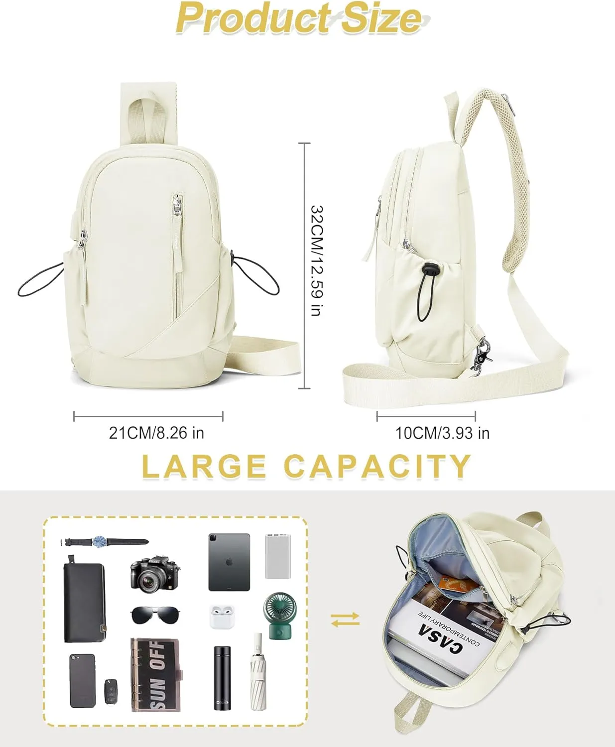 SEAFEW Crossbody Sling Backpacks Sling Bag for Men Women, Shoulder Backpack Chest Bags with USB Charger Port off white