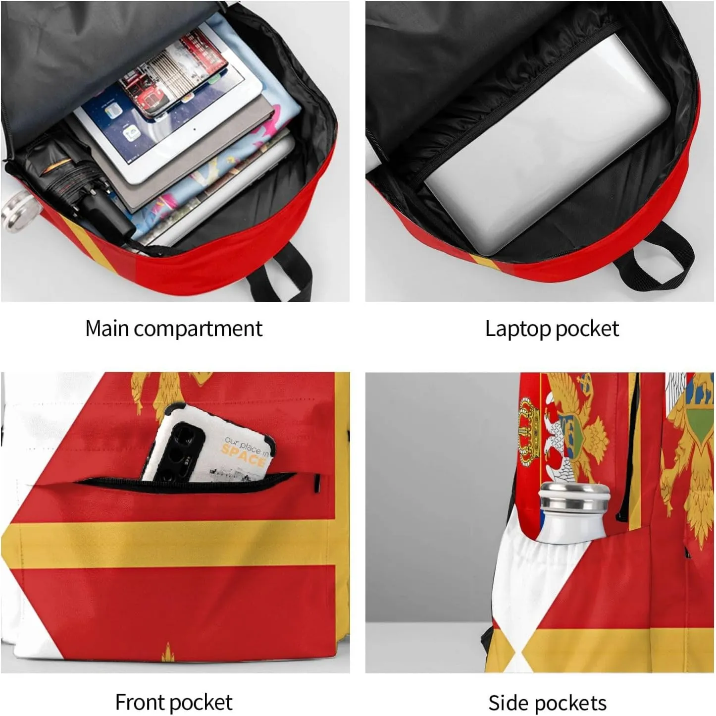 Serbia Montenegro Flag Large Travel Backpack Casual Backpacks Laptop Daypack Working Rucksack Lightweight Back Pack Sports Bag with Adjustable Shoulder Strap