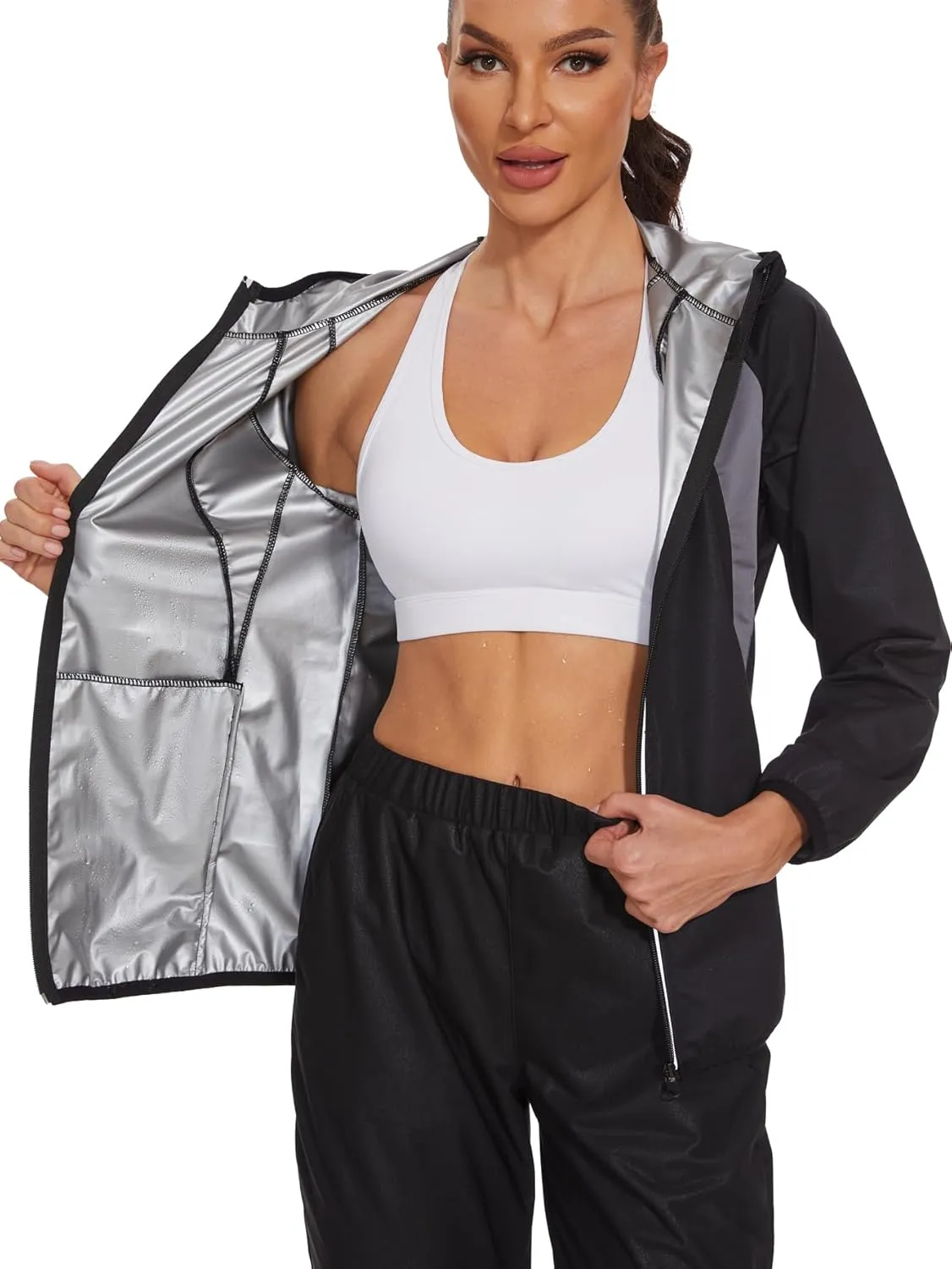 SEXYWG Sauna Jacket for Women Workout Sauna Suit Sweat Long Sleeve Shirt Gym Tops Zipper Body Shaper