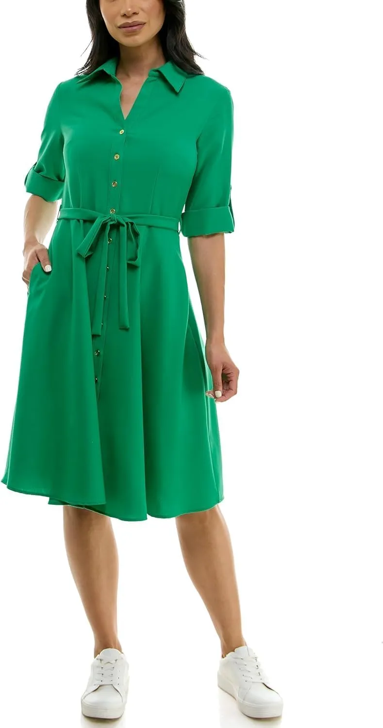 Sharagano Women's Button Front Pleated Shirt Casual Dress