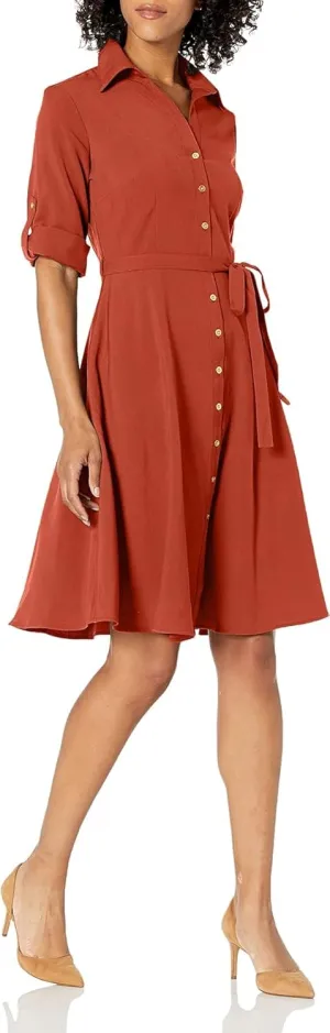 Sharagano Women's Button Front Pleated Shirt Casual Dress