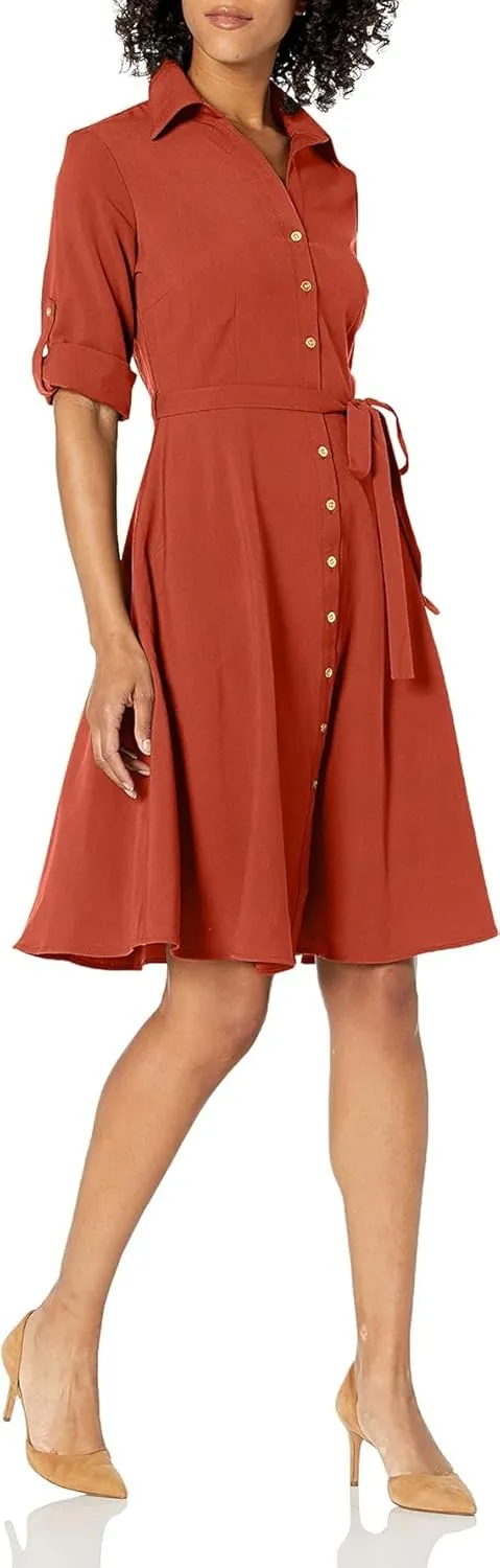 Sharagano Women's Button Front Pleated Shirt Casual Dress