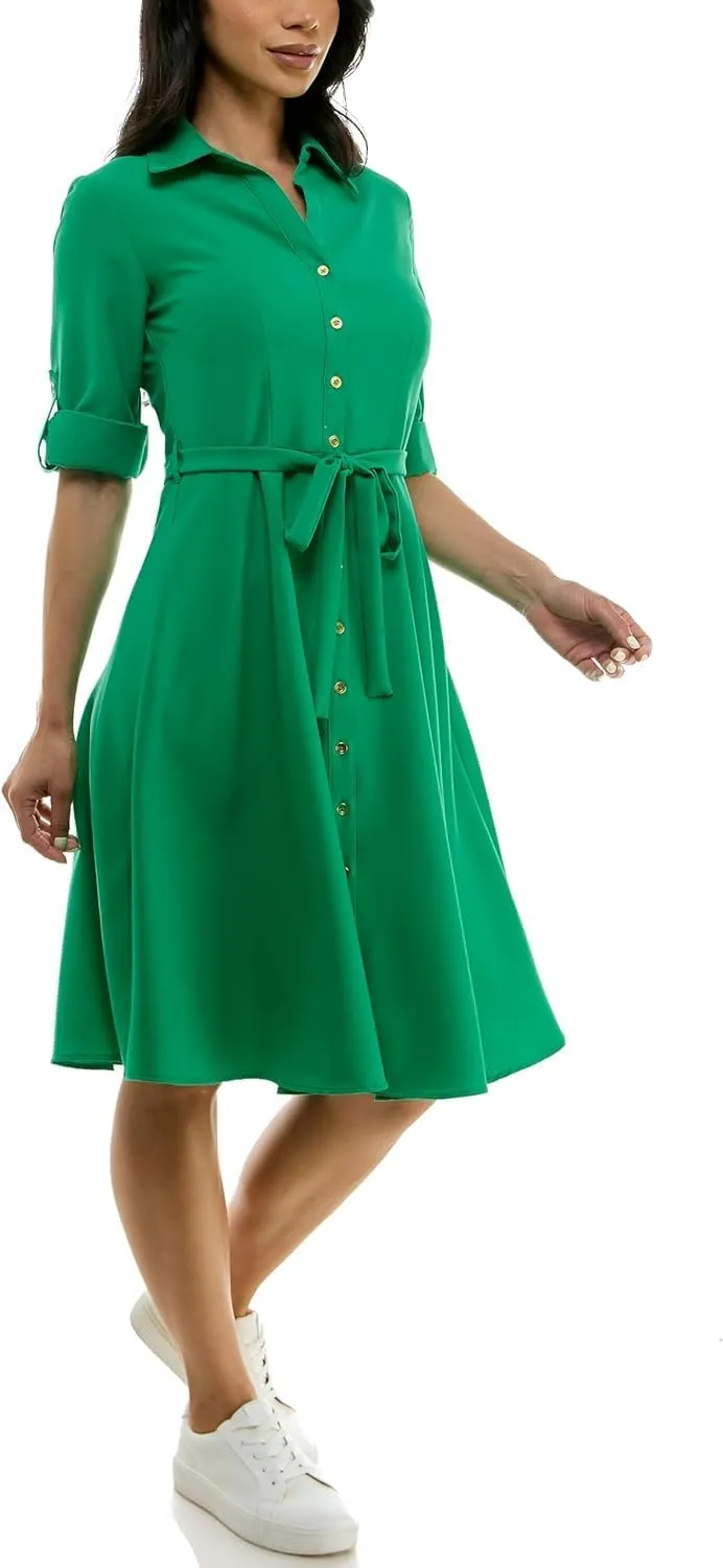 Sharagano Women's Button Front Pleated Shirt Casual Dress