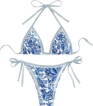 SHENHE Women's 2 Piece Halter Swimsuit Textured Tie Side Triangle Bikini Bathing Suit
