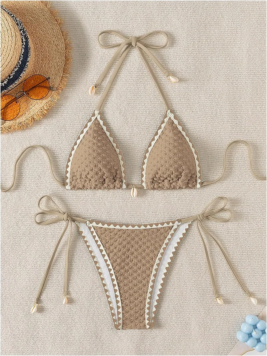 SHENHE Women's 2 Piece Triangle Beach Bikini Sets Color Block Halter Swimsuit Bathing Suit