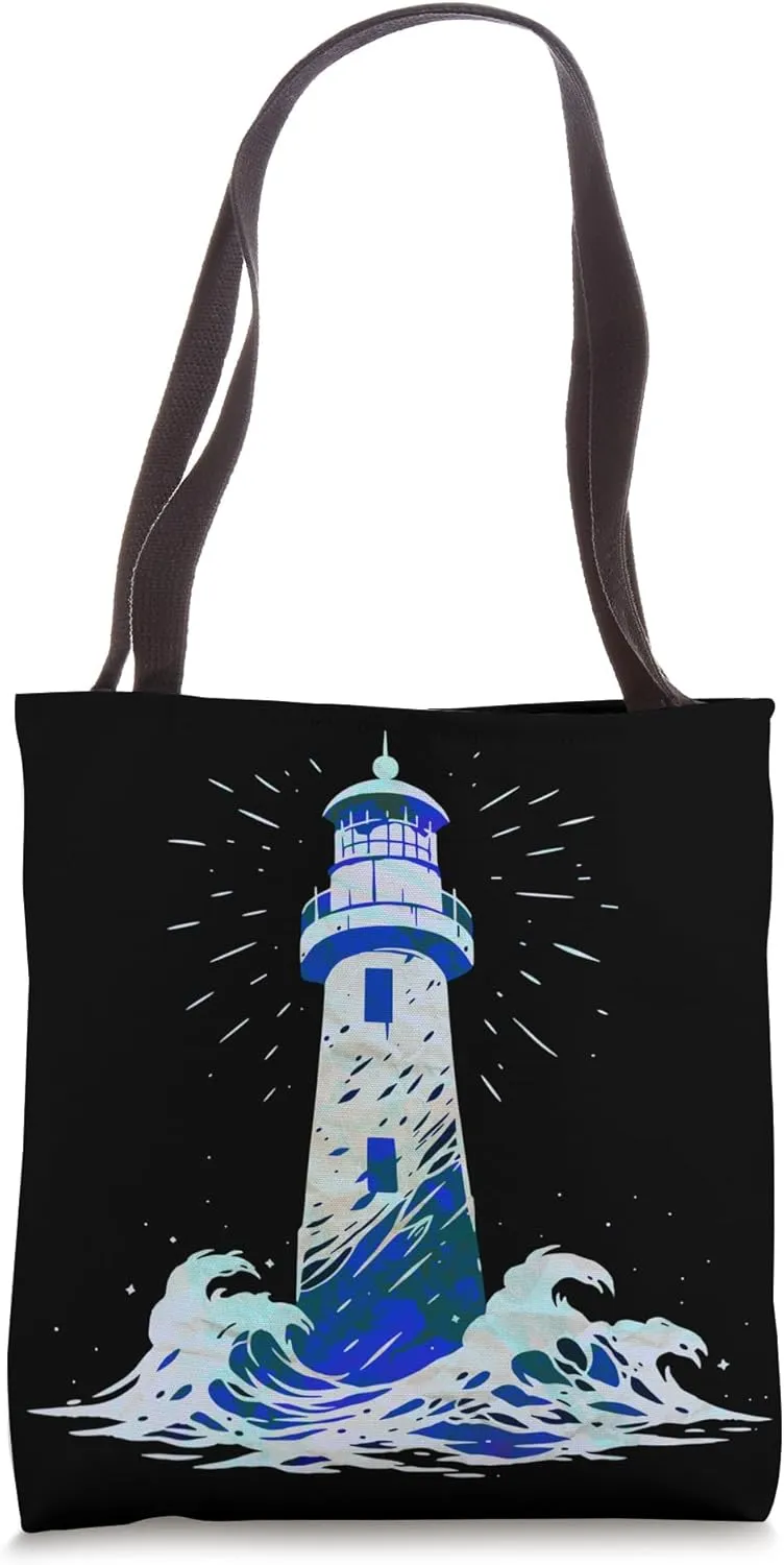 Shoreline Sentinel Lighthouse Stormy Nautical Waves Ocean Tote Bag