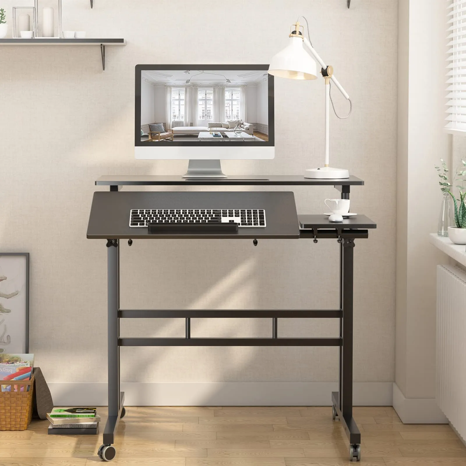 sogesfurniture Height Adjustable Sit Stand Workstation Mobile Standing Desk Home Office Desk with Standing and Seating,Black BHUS-101-2BK