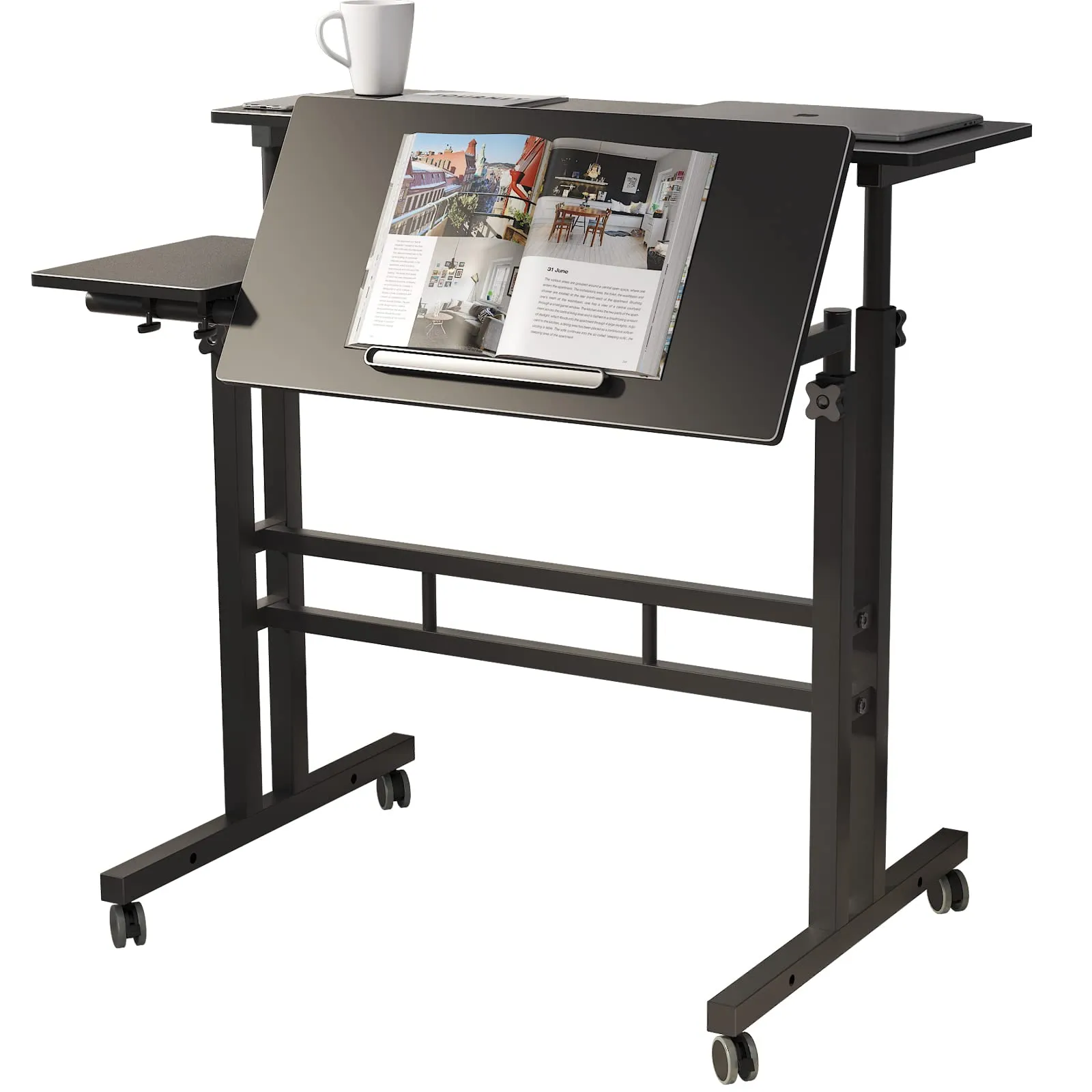 sogesfurniture Height Adjustable Sit Stand Workstation Mobile Standing Desk Home Office Desk with Standing and Seating,Black BHUS-101-2BK
