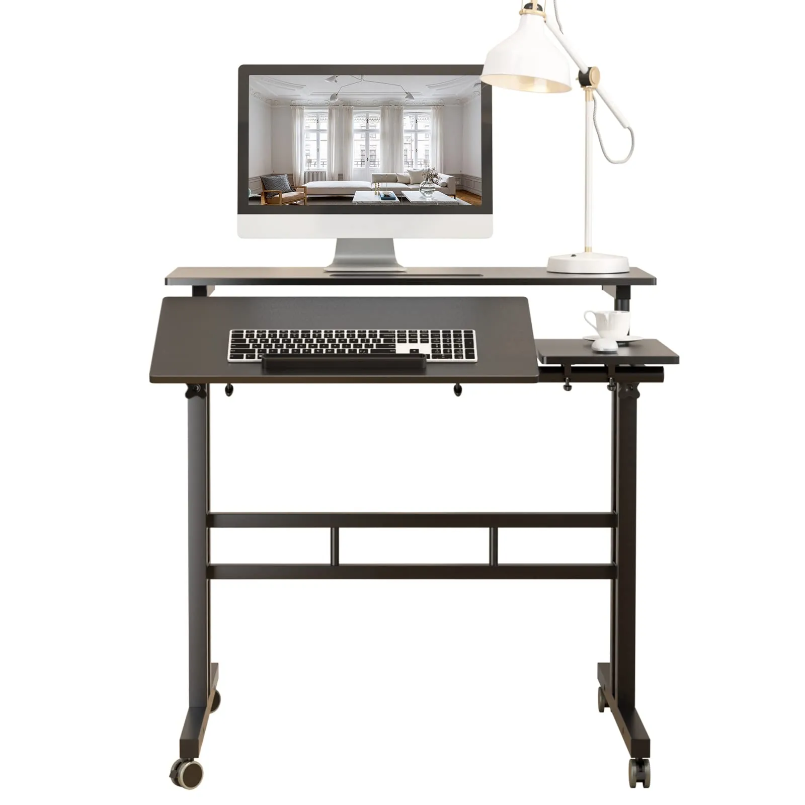 sogesfurniture Height Adjustable Sit Stand Workstation Mobile Standing Desk Home Office Desk with Standing and Seating,Black BHUS-101-2BK