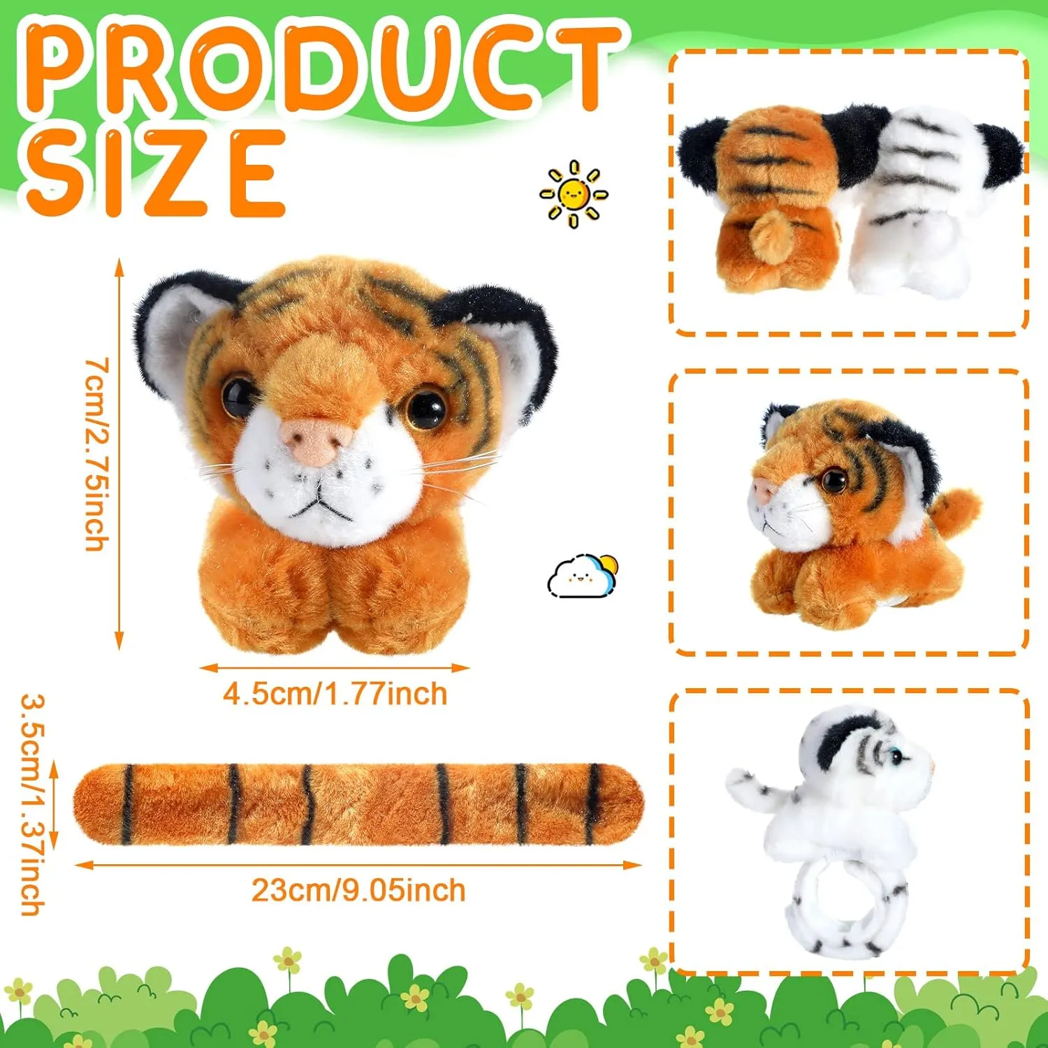 Sosation 6 Pcs Tiger Leopard Stuffed Animal Slap Bracelets for Kids Hug Slap Bracelet Bulk Tiger Leopard Stuffed Animal Plush Kids Toy for Halloween Birthday Gifts Party Favors(Tiger Style)