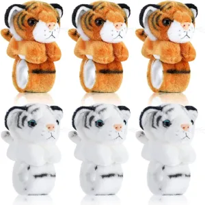 Sosation 6 Pcs Tiger Leopard Stuffed Animal Slap Bracelets for Kids Hug Slap Bracelet Bulk Tiger Leopard Stuffed Animal Plush Kids Toy for Halloween Birthday Gifts Party Favors(Tiger Style)
