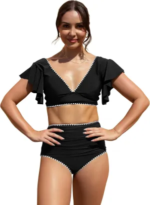 SPORLIKE Women Ruffle High Waist Swimsuit Two Pieces Push Up Tropical Print Bikini