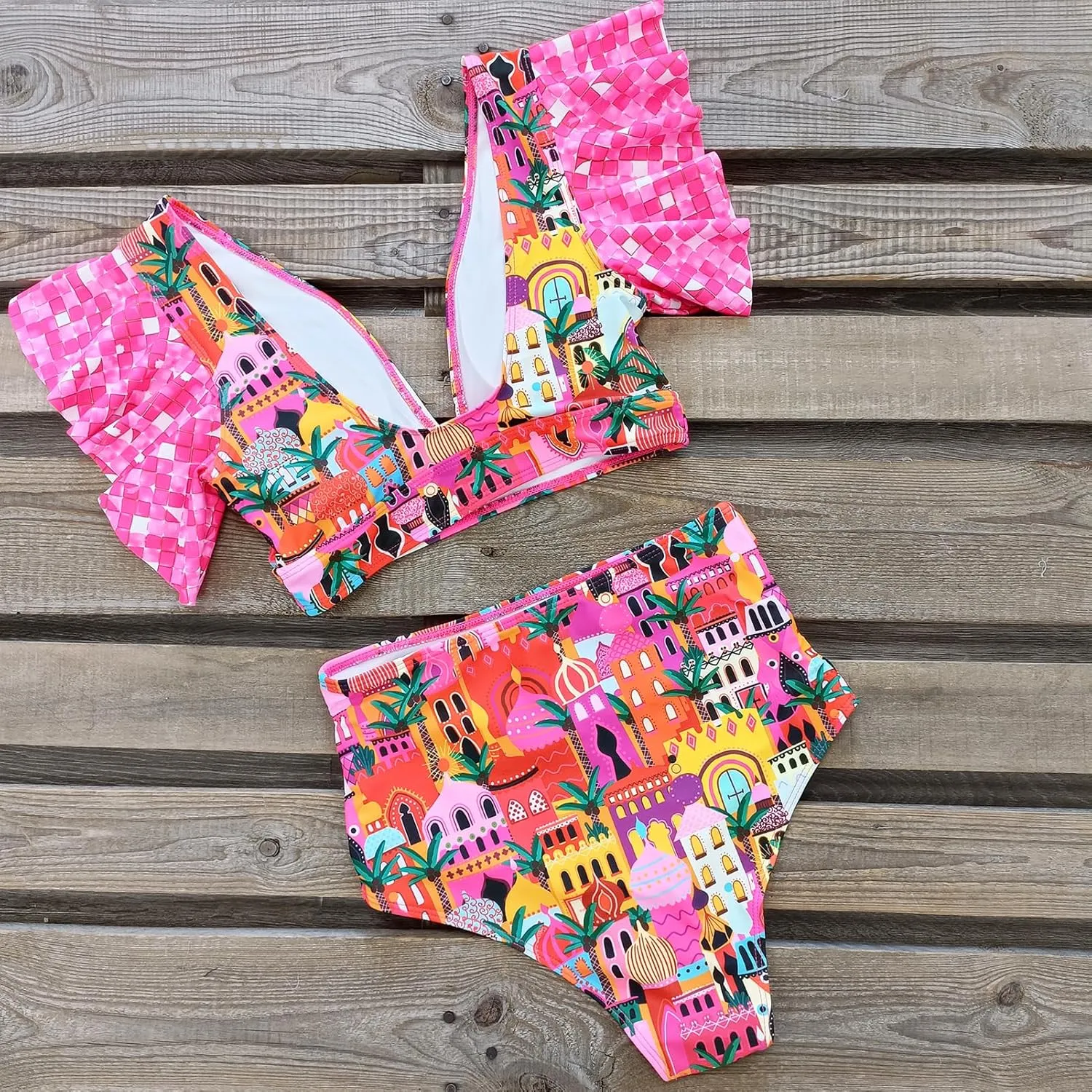 SPORLIKE Women Ruffle High Waist Swimsuit Two Pieces Push Up Tropical Print Bikini