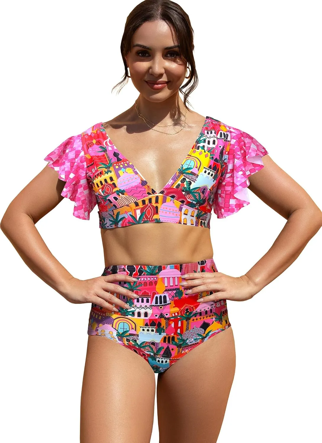 SPORLIKE Women Ruffle High Waist Swimsuit Two Pieces Push Up Tropical Print Bikini