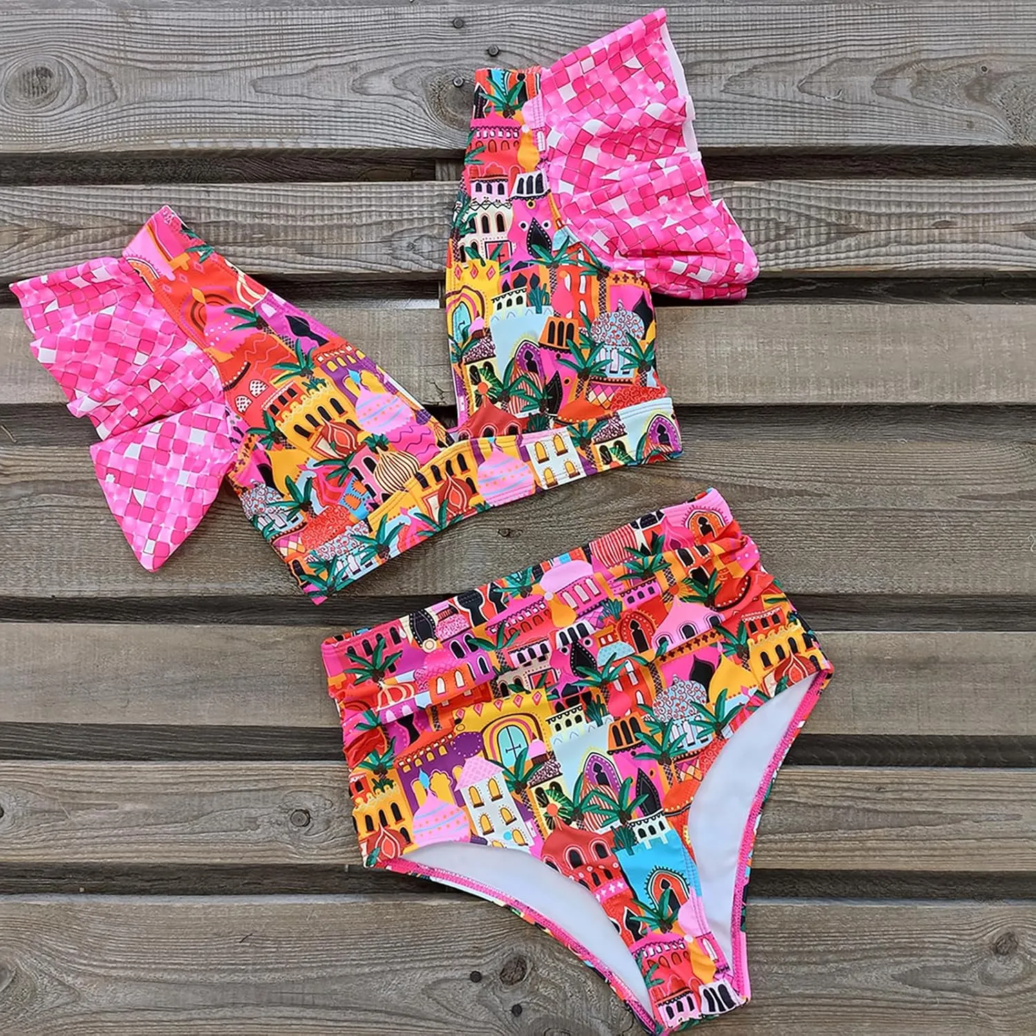 SPORLIKE Women Ruffle High Waist Swimsuit Two Pieces Push Up Tropical Print Bikini