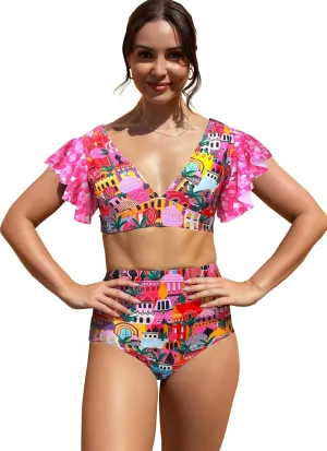 SPORLIKE Women Ruffle High Waist Swimsuit Two Pieces Push Up Tropical Print Bikini