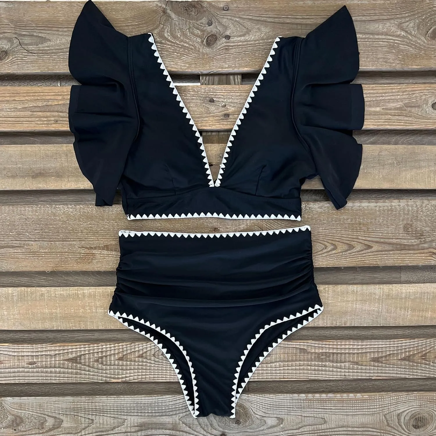 SPORLIKE Women Ruffle High Waist Swimsuit Two Pieces Push Up Tropical Print Bikini