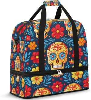 Sports Duffel Bag, Foldable Gothic Sugar Skull Travel Duffel Bag, Gym Yoga Beach Bag Weekender Overnight Bag with Shoes Compartment for Men Women, Skeleton Goth Retro Spooky Flower