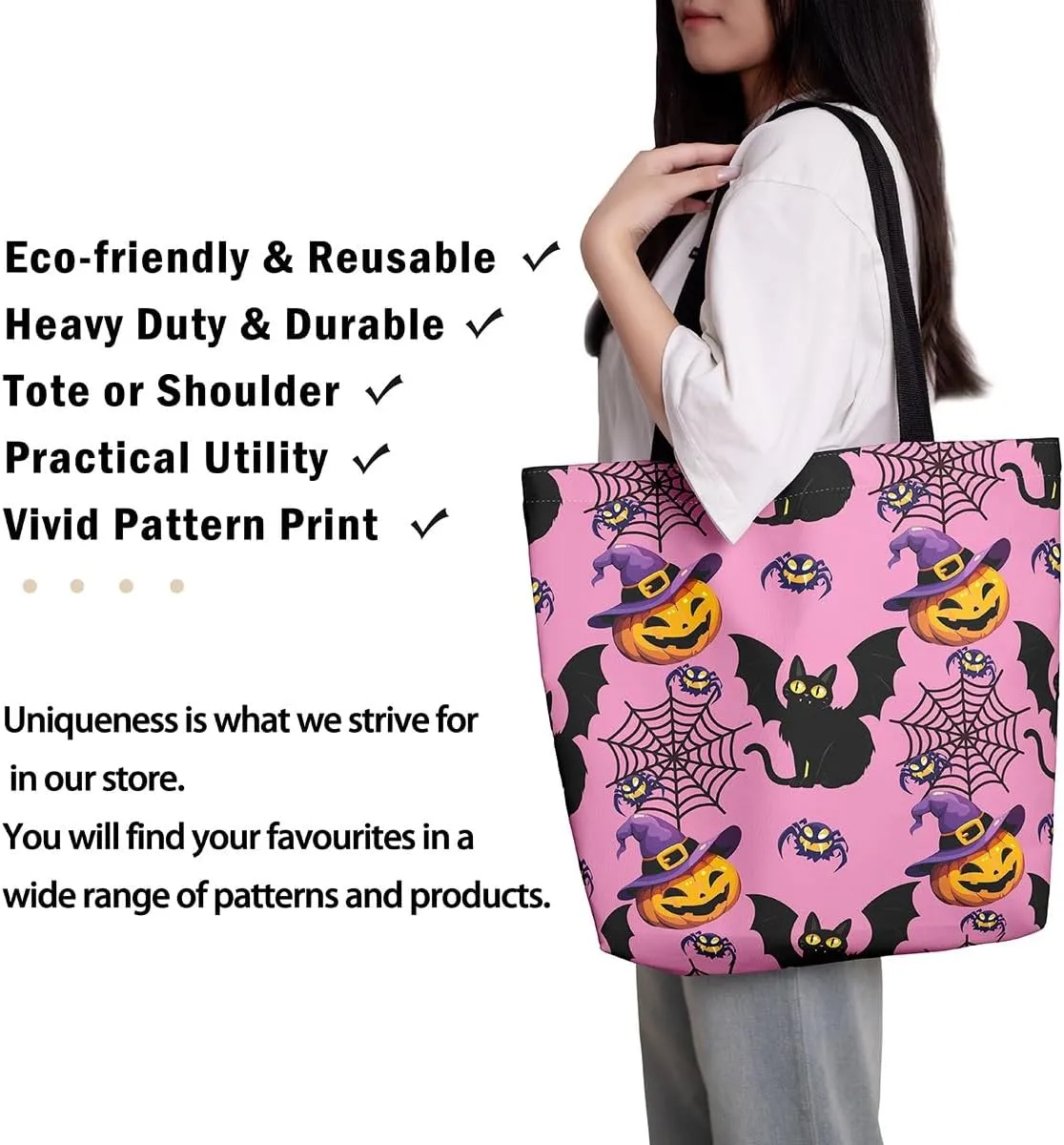 Sugar Skull Canvas Tote Bag for Women,Skeleton Halloween Bone Gothic Handbag,Spooky Ghost Shoulder Bag