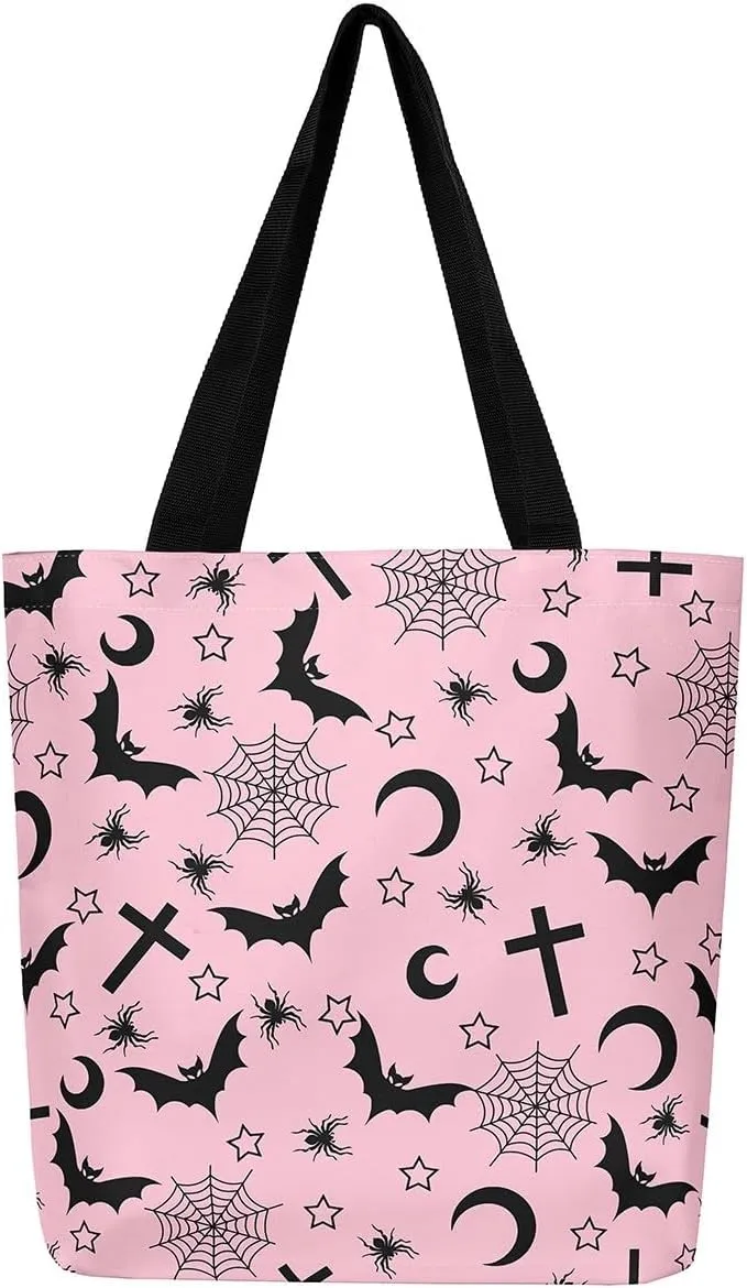 Sugar Skull Canvas Tote Bag for Women,Skeleton Halloween Bone Gothic Handbag,Spooky Ghost Shoulder Bag