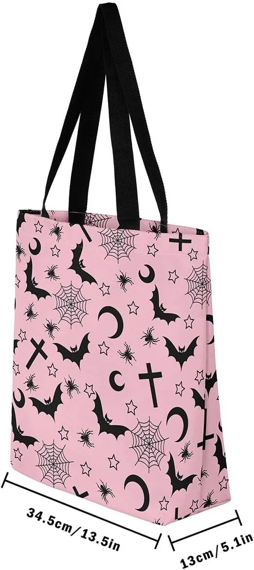 Sugar Skull Canvas Tote Bag for Women,Skeleton Halloween Bone Gothic Handbag,Spooky Ghost Shoulder Bag
