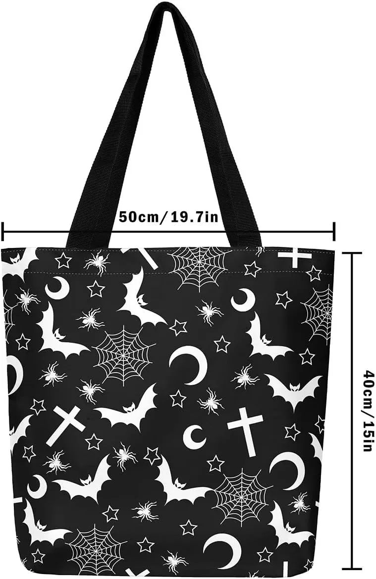 Sugar Skull Canvas Tote Bag for Women,Skeleton Halloween Bone Gothic Handbag,Spooky Ghost Shoulder Bag