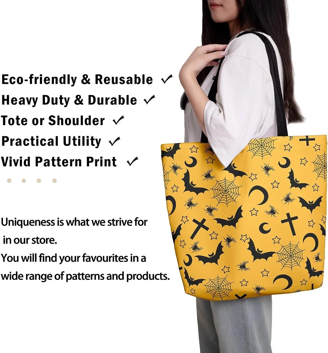 Sugar Skull Canvas Tote Bag for Women,Skeleton Halloween Bone Gothic Handbag,Spooky Ghost Shoulder Bag