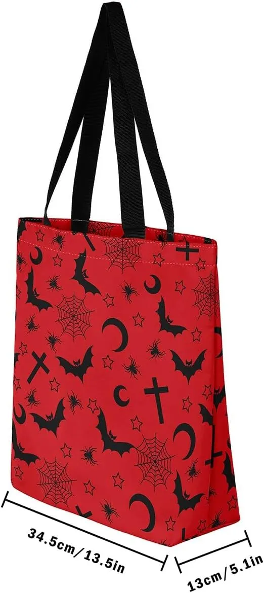 Sugar Skull Canvas Tote Bag for Women,Skeleton Halloween Bone Gothic Handbag,Spooky Ghost Shoulder Bag