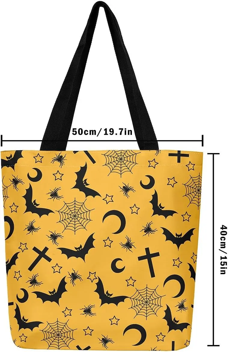 Sugar Skull Canvas Tote Bag for Women,Skeleton Halloween Bone Gothic Handbag,Spooky Ghost Shoulder Bag