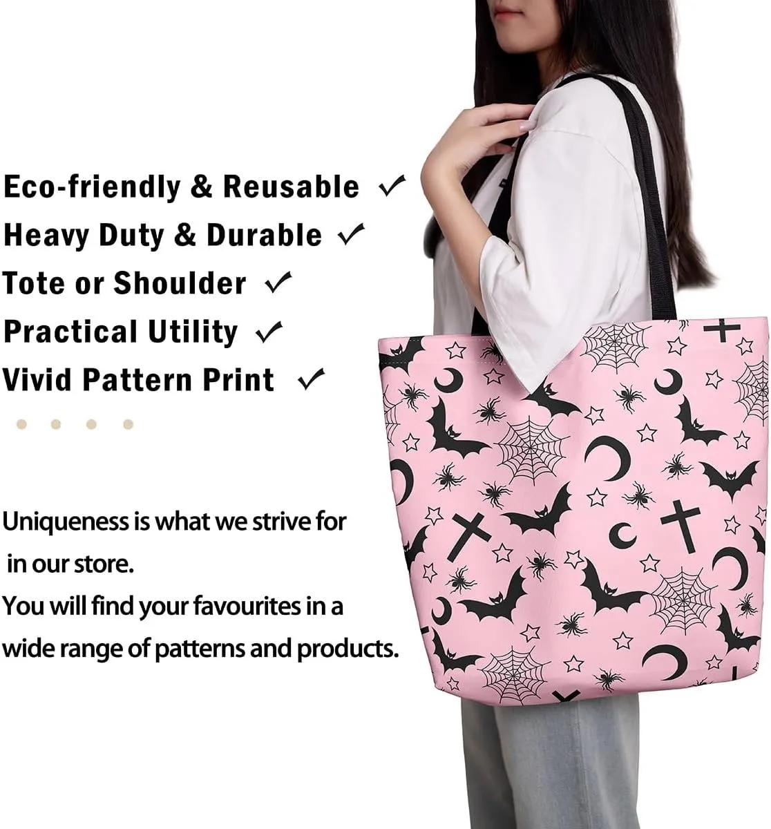 Sugar Skull Canvas Tote Bag for Women,Skeleton Halloween Bone Gothic Handbag,Spooky Ghost Shoulder Bag