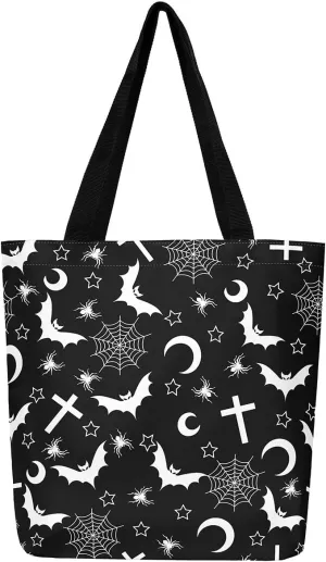 Sugar Skull Canvas Tote Bag for Women,Skeleton Halloween Bone Gothic Handbag,Spooky Ghost Shoulder Bag