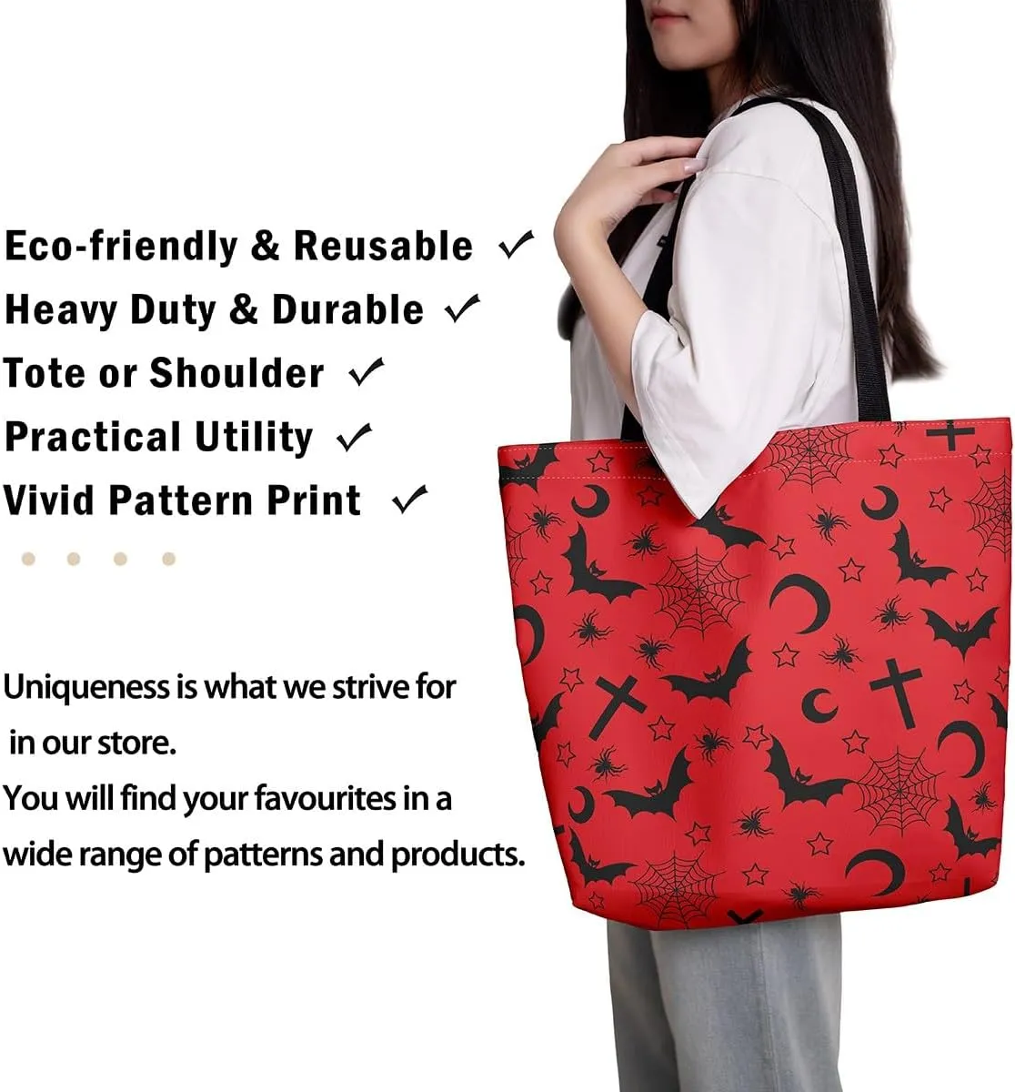 Sugar Skull Canvas Tote Bag for Women,Skeleton Halloween Bone Gothic Handbag,Spooky Ghost Shoulder Bag