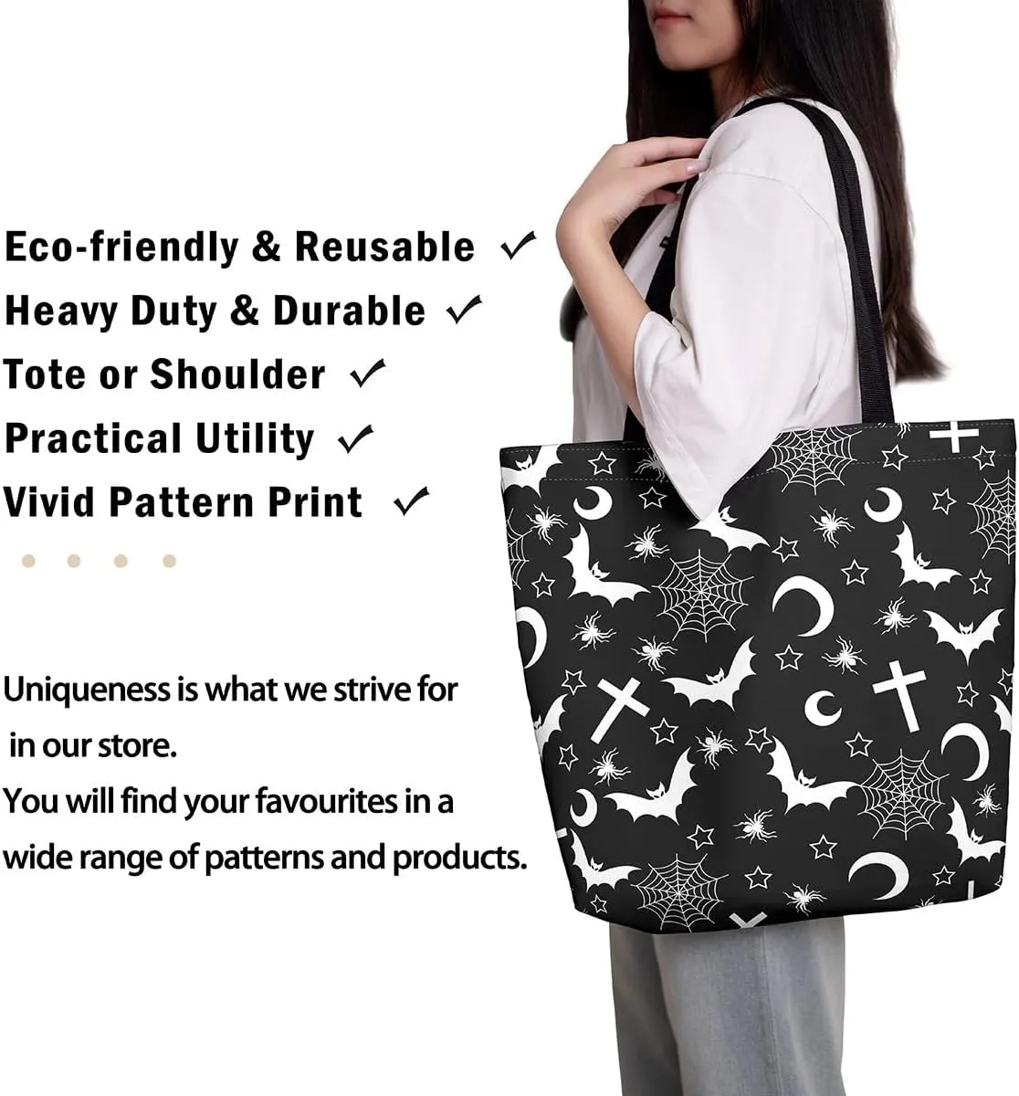 Sugar Skull Canvas Tote Bag for Women,Skeleton Halloween Bone Gothic Handbag,Spooky Ghost Shoulder Bag