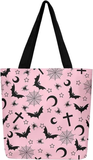 Sugar Skull Canvas Tote Bag for Women,Skeleton Halloween Bone Gothic Handbag,Spooky Ghost Shoulder Bag