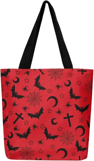 Sugar Skull Canvas Tote Bag for Women,Skeleton Halloween Bone Gothic Handbag,Spooky Ghost Shoulder Bag