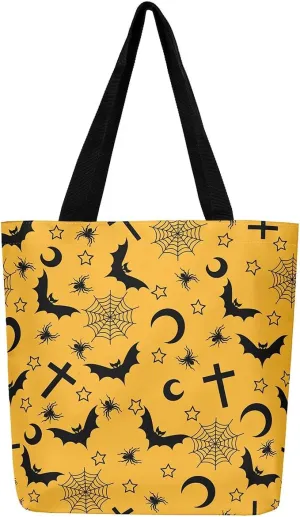 Sugar Skull Canvas Tote Bag for Women,Skeleton Halloween Bone Gothic Handbag,Spooky Ghost Shoulder Bag