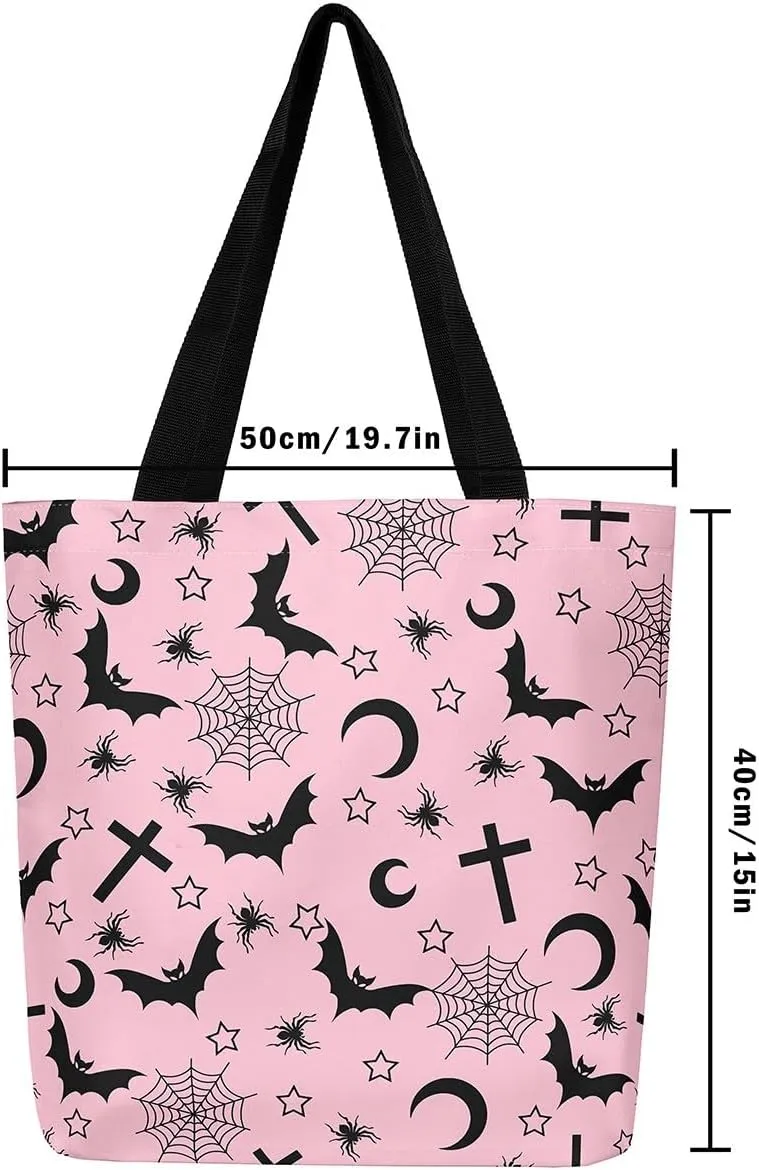 Sugar Skull Canvas Tote Bag for Women,Skeleton Halloween Bone Gothic Handbag,Spooky Ghost Shoulder Bag