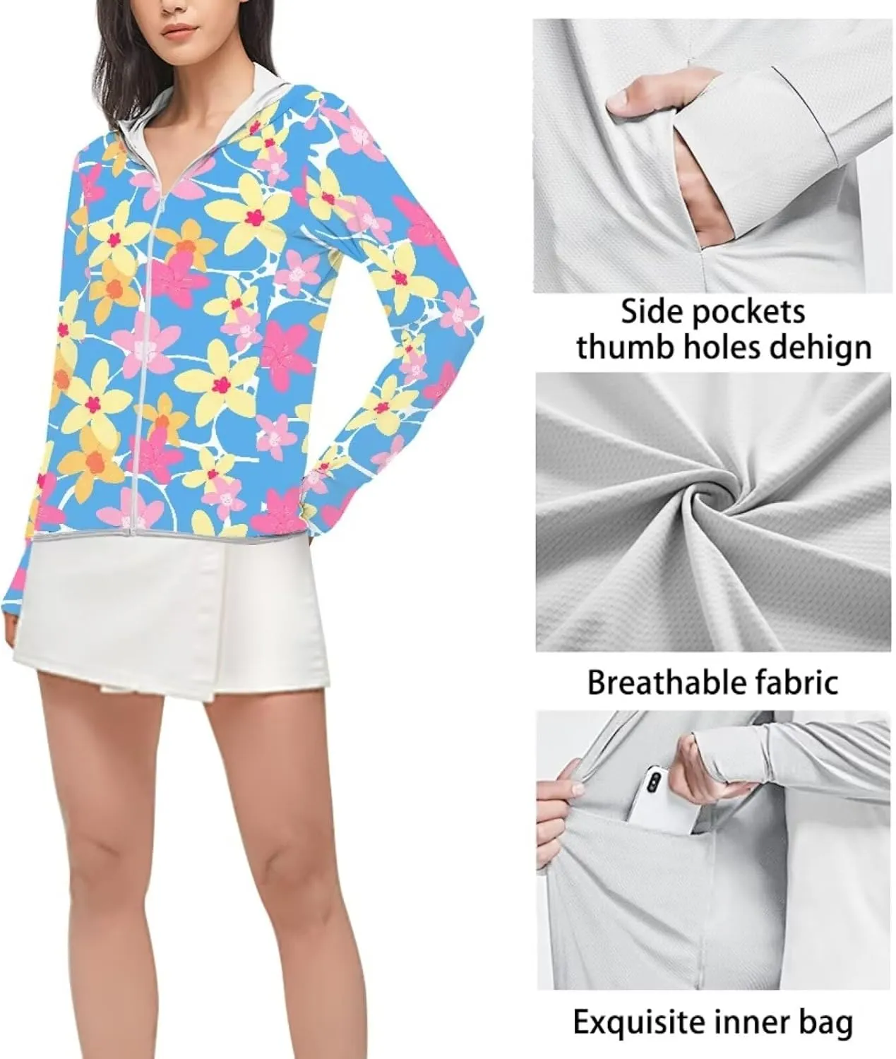 Summer Long Sleeves Sun Shirt,Women UPF 50  Sunshirt with Hooded
