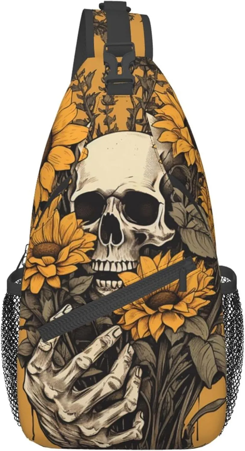 Sunflower Skeleton Sling Bag for Women Men, Spooky Skull Crossbody Sling Backpack, Shoulder Chest Pack for Travel Casual Hiking