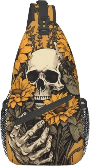 Sunflower Skeleton Sling Bag for Women Men, Spooky Skull Crossbody Sling Backpack, Shoulder Chest Pack for Travel Casual Hiking