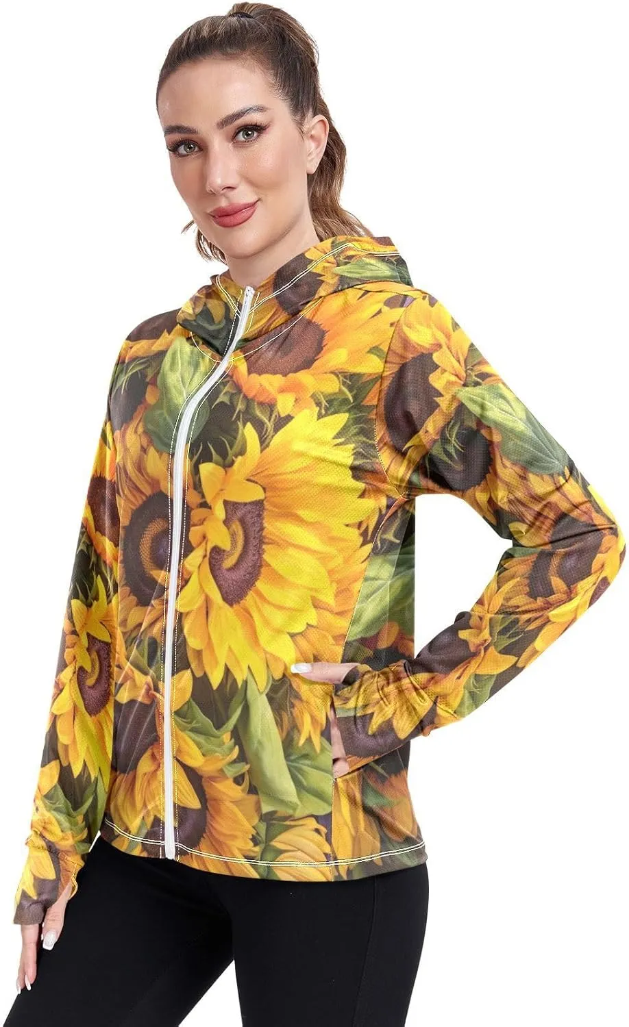 Sunflowers Wooden Board Sun Protection Clothing Women, Upf 50  Zip up Long Sleeve Fishing Shirt