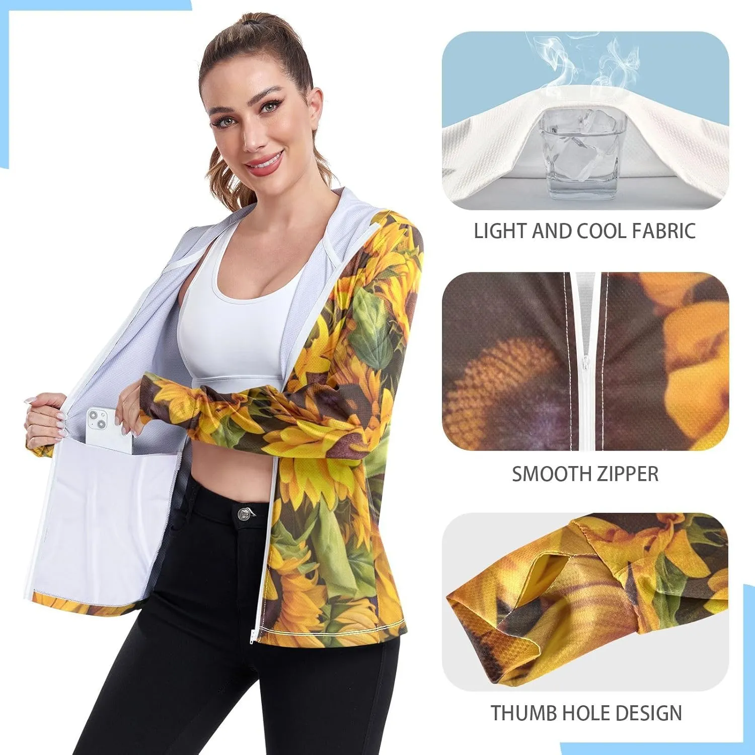 Sunflowers Wooden Board Sun Protection Clothing Women, Upf 50  Zip up Long Sleeve Fishing Shirt