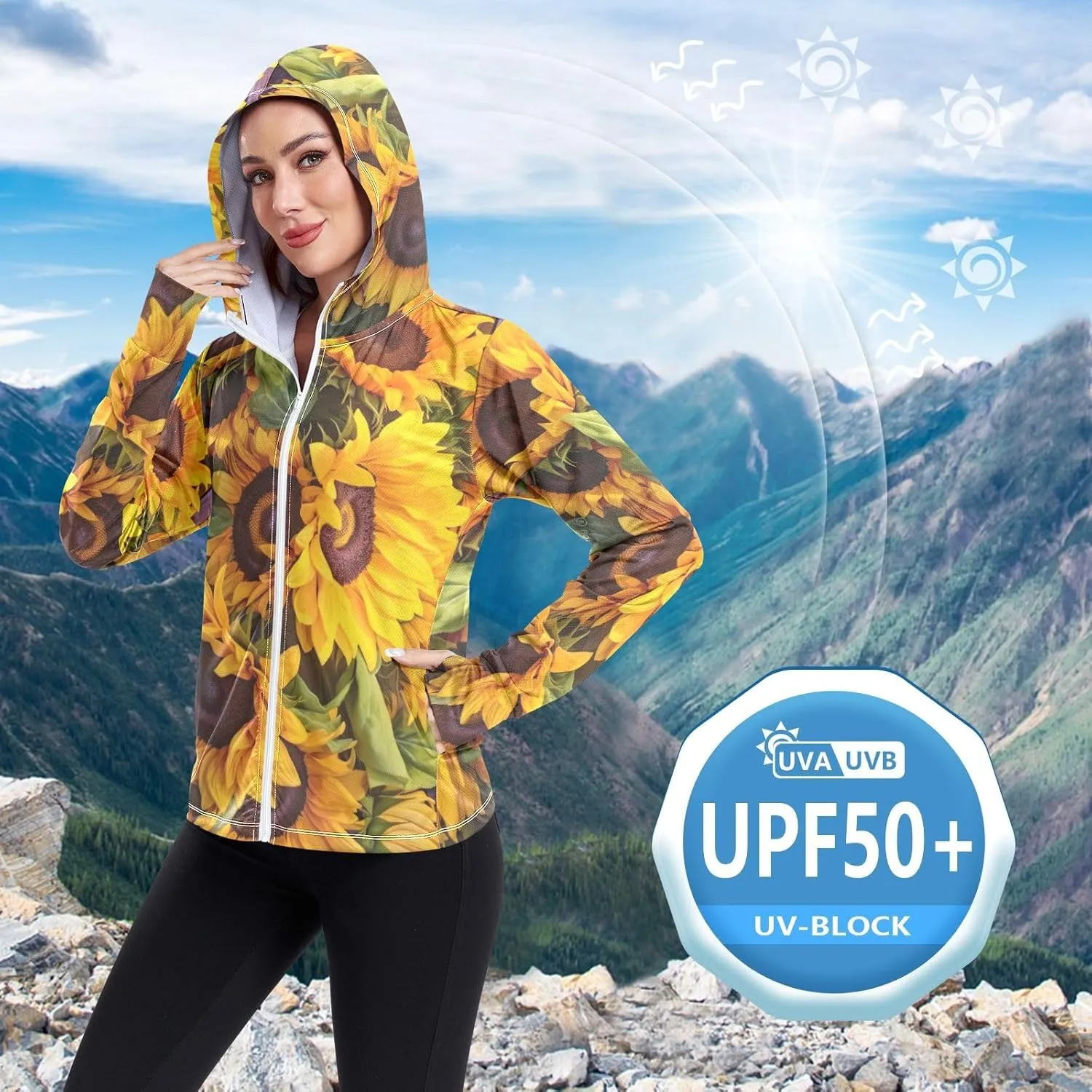 Sunflowers Wooden Board Sun Protection Clothing Women, Upf 50  Zip up Long Sleeve Fishing Shirt