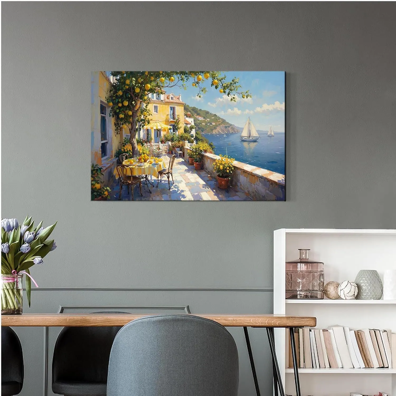 Sunshine Coast terrace canvas painting yellow stucco house striped awning potted plants metal chairs lush lemon tree turquoise sea sailboat mediterranean atmosphere texture home wall decoration art