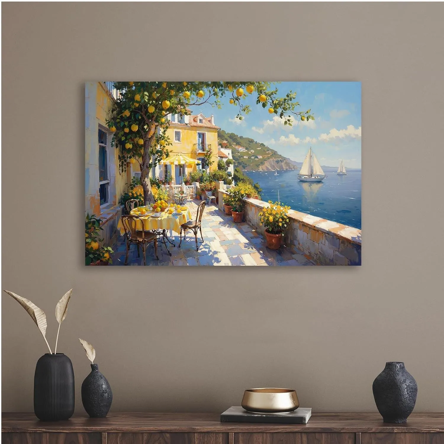 Sunshine Coast terrace canvas painting yellow stucco house striped awning potted plants metal chairs lush lemon tree turquoise sea sailboat mediterranean atmosphere texture home wall decoration art