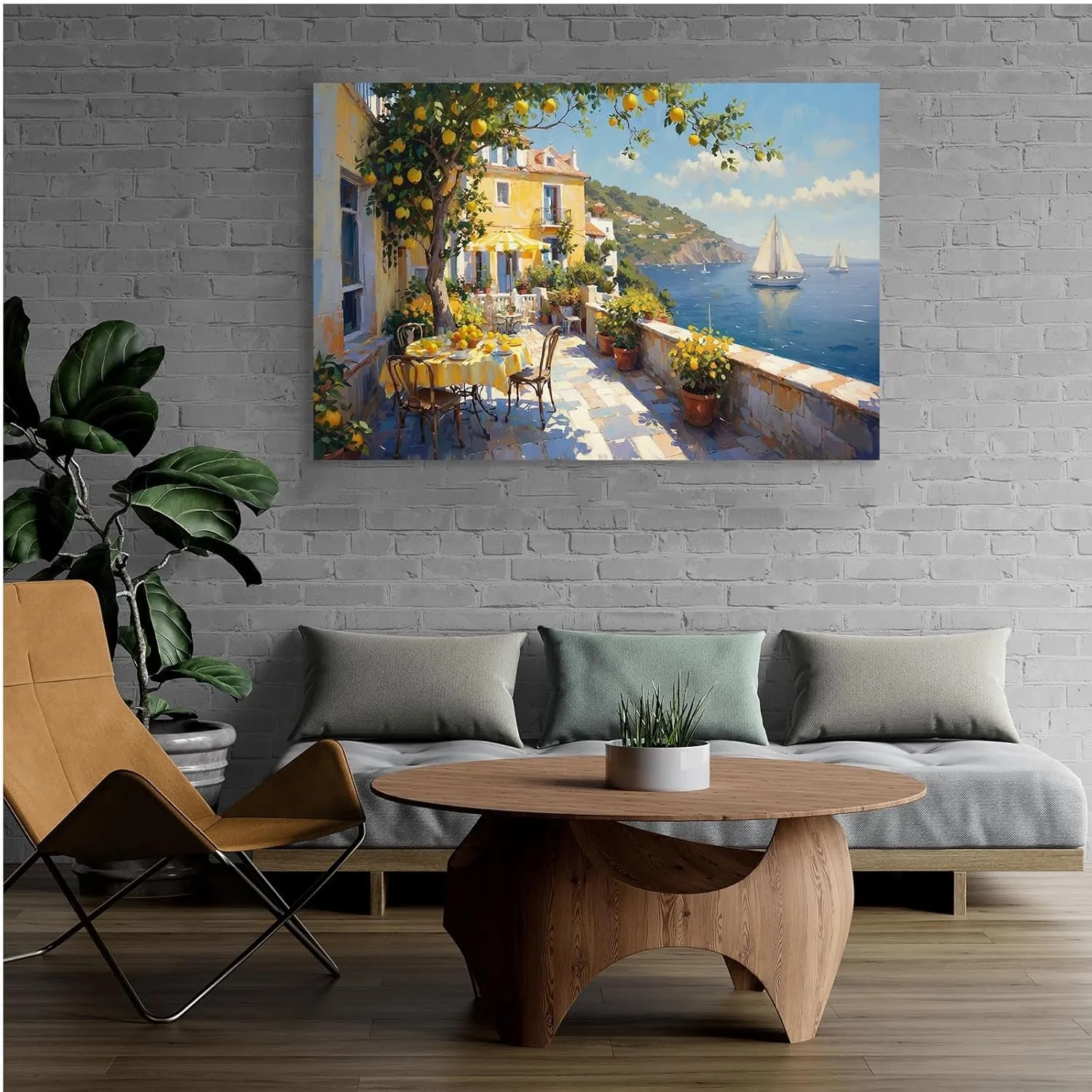 Sunshine Coast terrace canvas painting yellow stucco house striped awning potted plants metal chairs lush lemon tree turquoise sea sailboat mediterranean atmosphere texture home wall decoration art