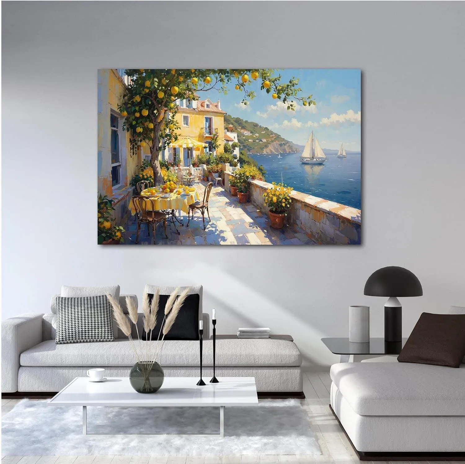 Sunshine Coast terrace canvas painting yellow stucco house striped awning potted plants metal chairs lush lemon tree turquoise sea sailboat mediterranean atmosphere texture home wall decoration art