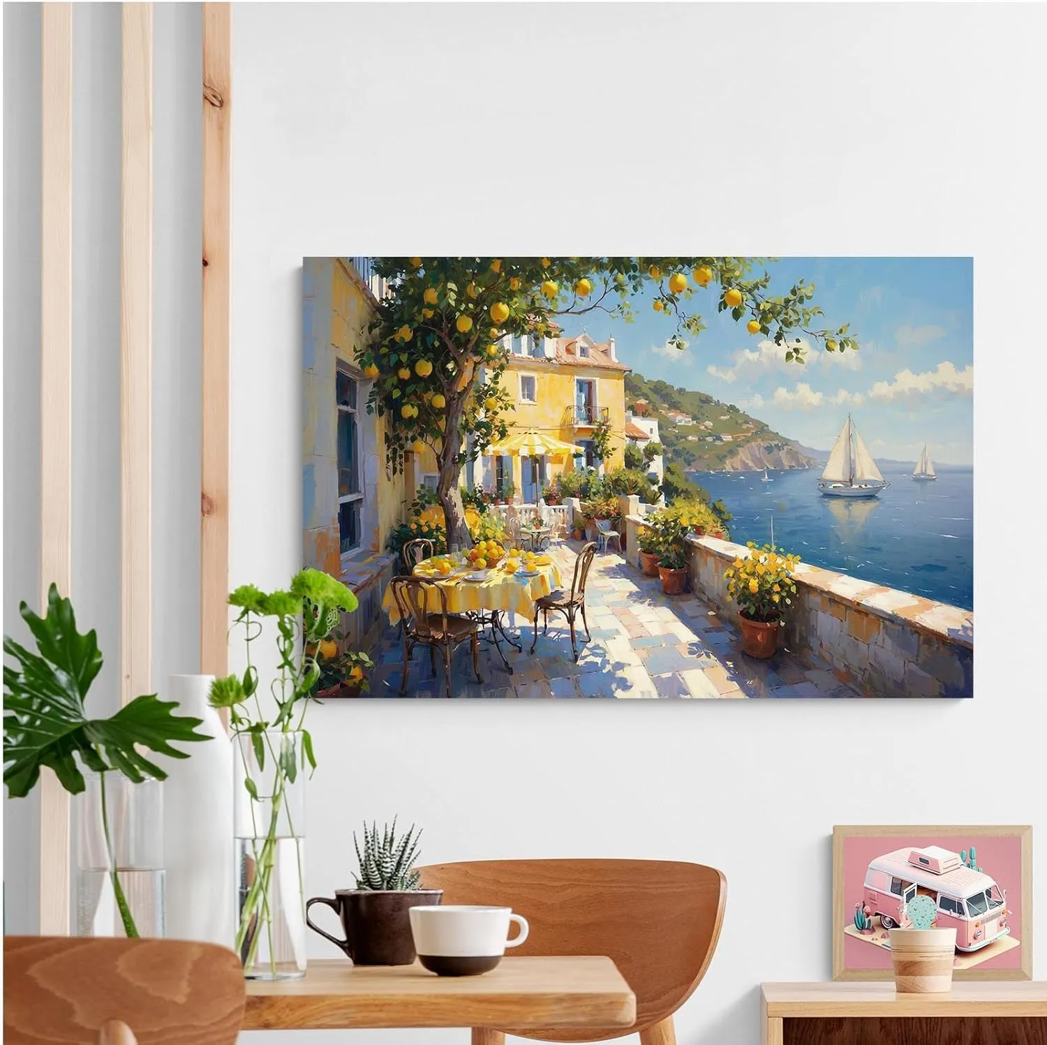 Sunshine Coast terrace canvas painting yellow stucco house striped awning potted plants metal chairs lush lemon tree turquoise sea sailboat mediterranean atmosphere texture home wall decoration art