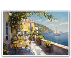 Sunshine Coast terrace canvas painting yellow stucco house striped awning potted plants metal chairs lush lemon tree turquoise sea sailboat mediterranean atmosphere texture home wall decoration art
