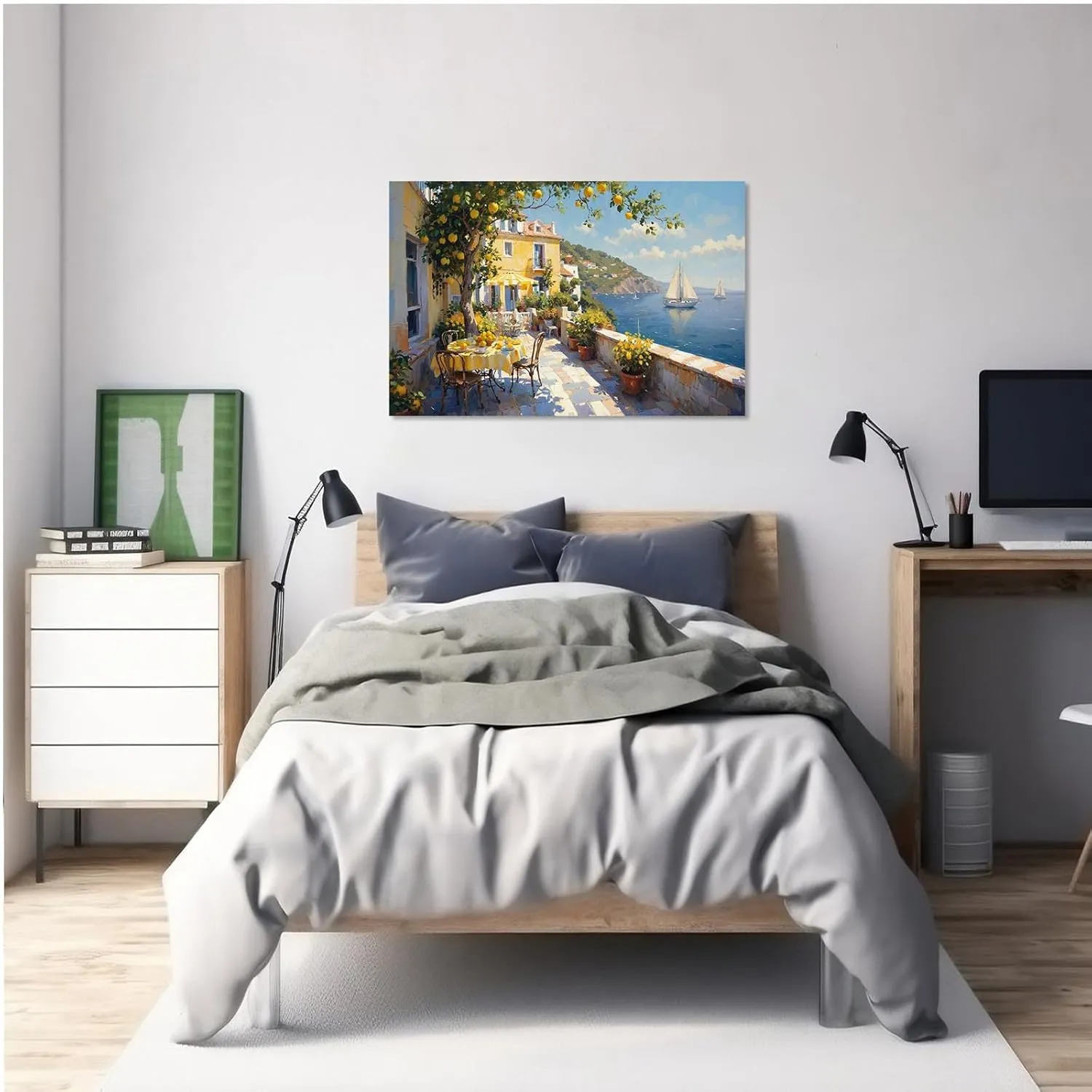 Sunshine Coast terrace canvas painting yellow stucco house striped awning potted plants metal chairs lush lemon tree turquoise sea sailboat mediterranean atmosphere texture home wall decoration art